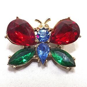 1940s Coro Butterfly Brooch Red Green Blue Rhinestone Gold Tone Vintage Jewelry